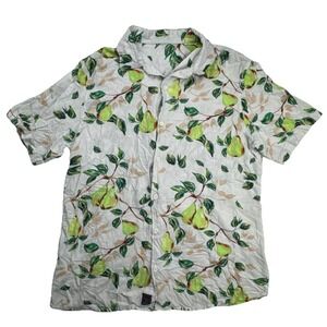 Rumors Button Down Shirt Pear Fruit Print Short Sleeve Casual‎ Size Medium Gray